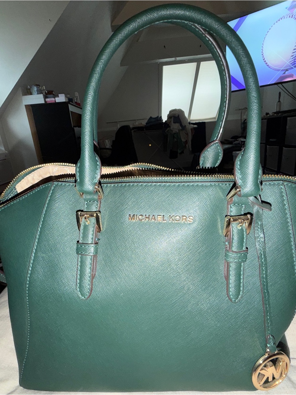 MICHAEL KORS Emerald Green Saffiano Satchel with Gold Hardware